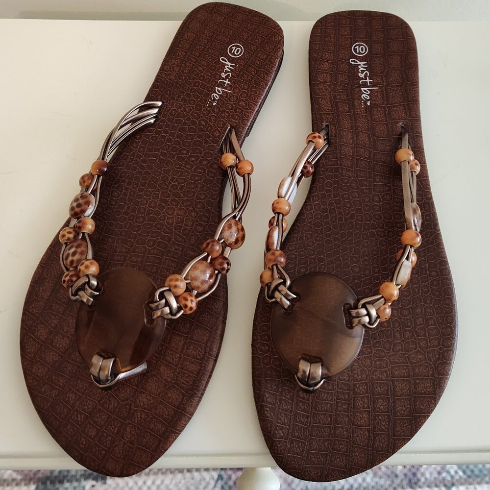Just be brown/tan beaded thong sandals, excellent used to like new cond. sz. 10